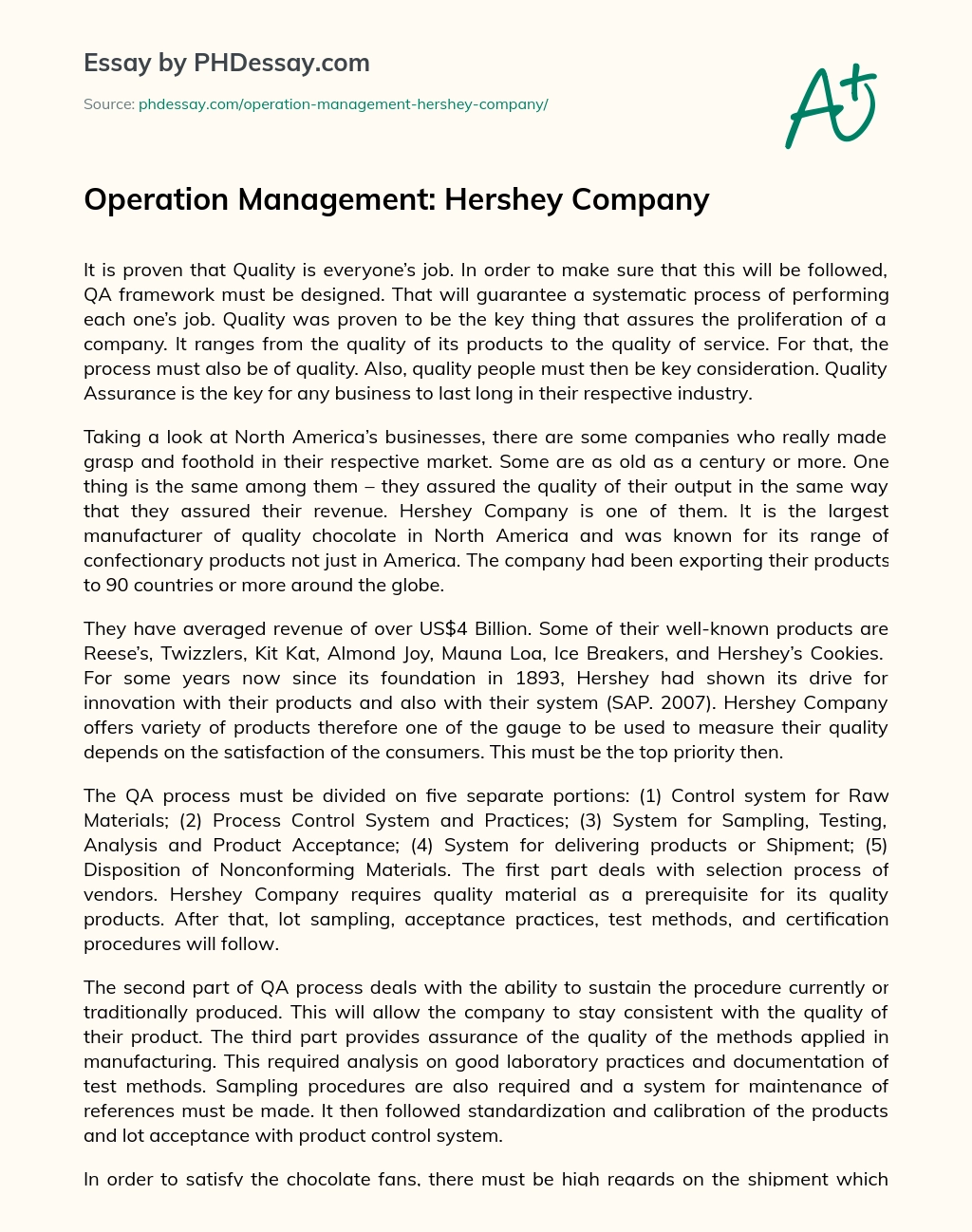 Operation Management: Hershey Company essay