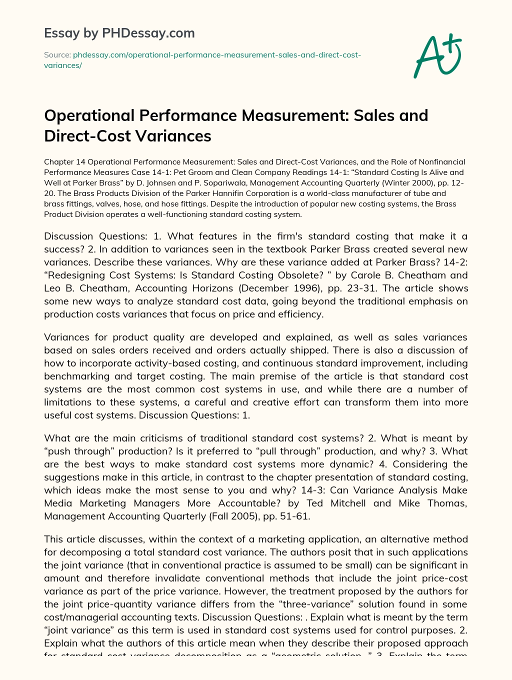 Operational Performance Measurement: Sales and Direct-Cost Variances essay