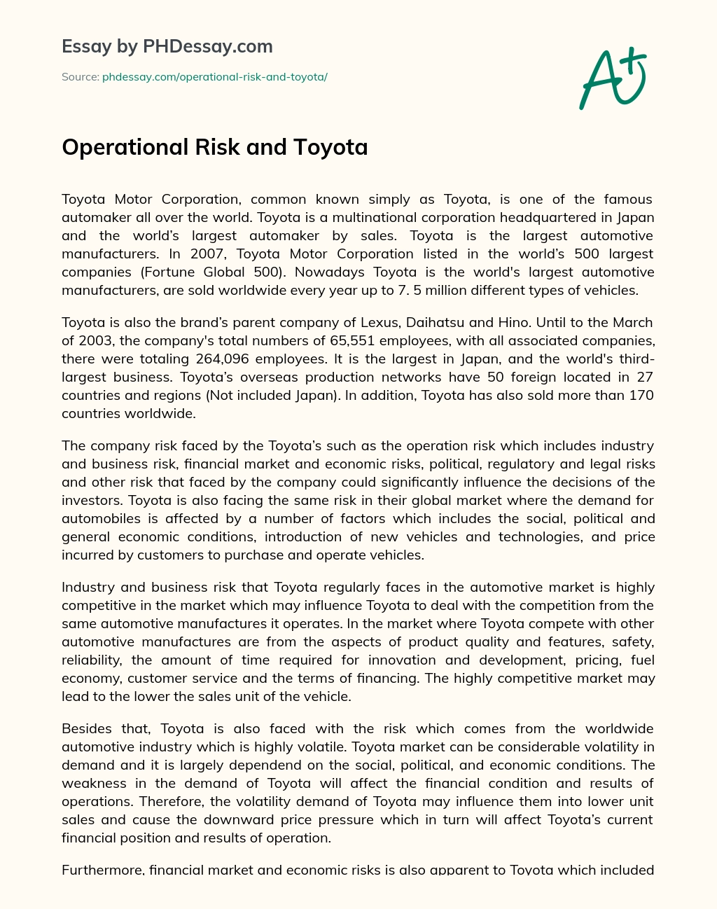 Operational Risk and Toyota essay