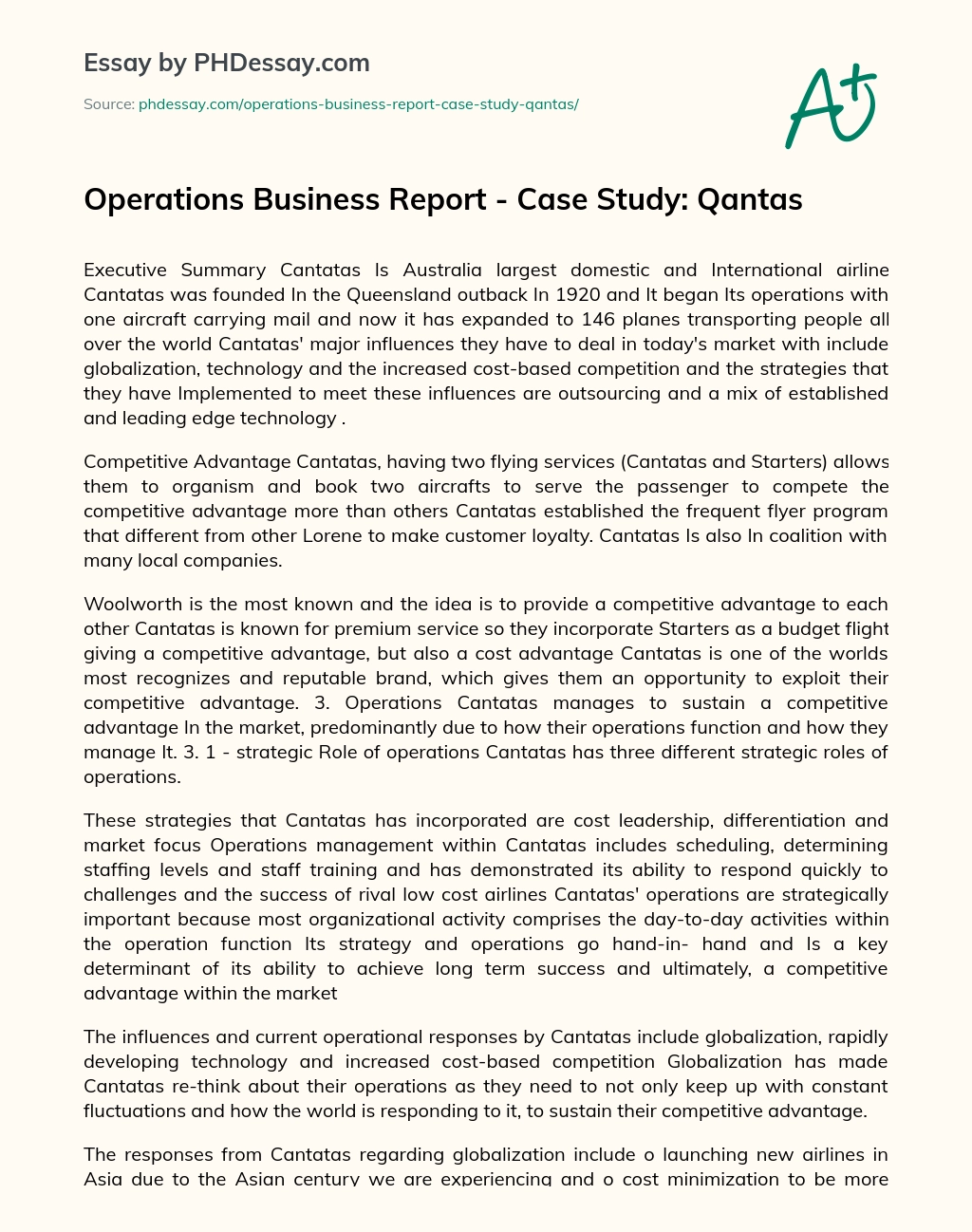 Operations Business Report – Case Study: Qantas essay