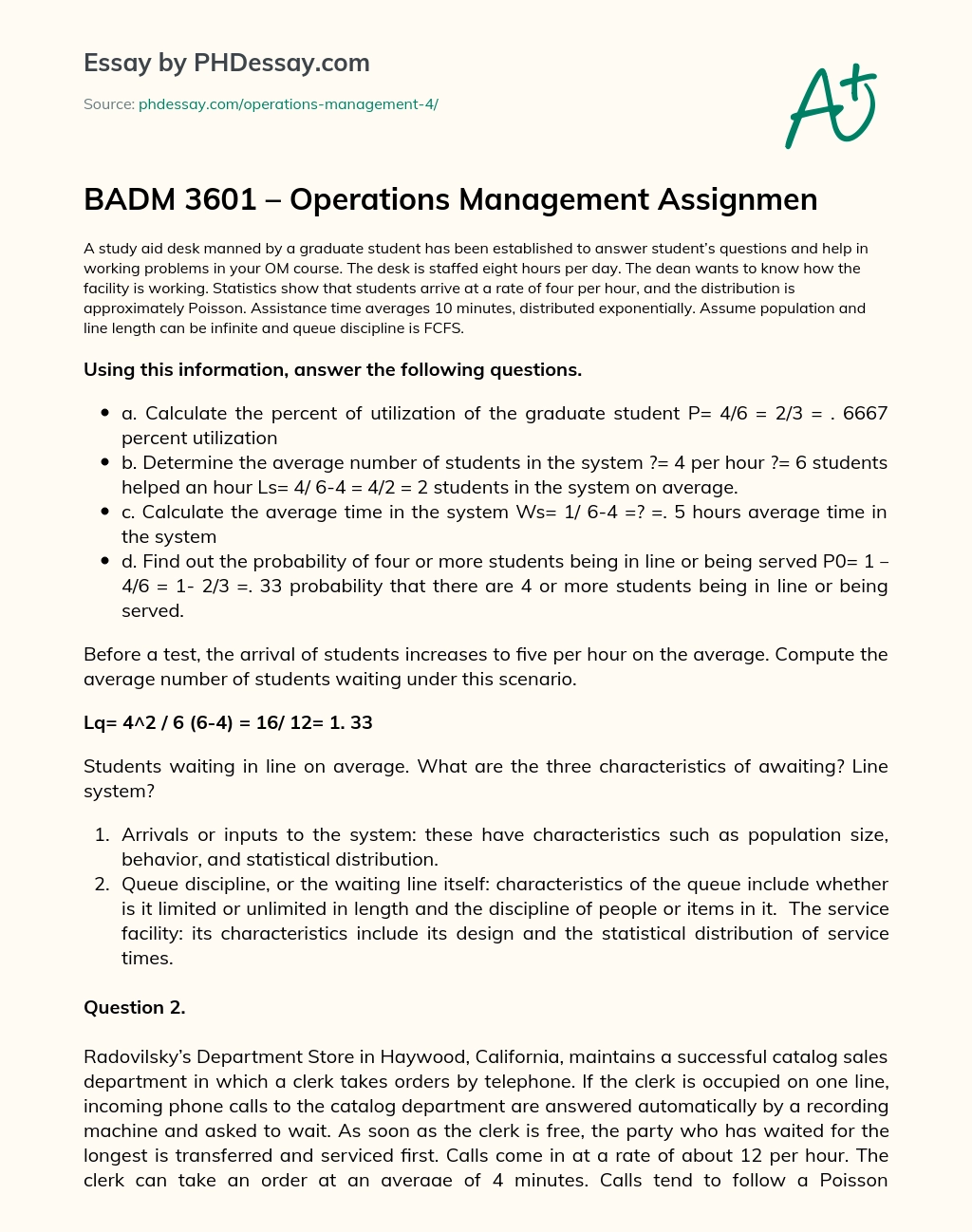 BADM 3601 – Operations Management Assignmen essay