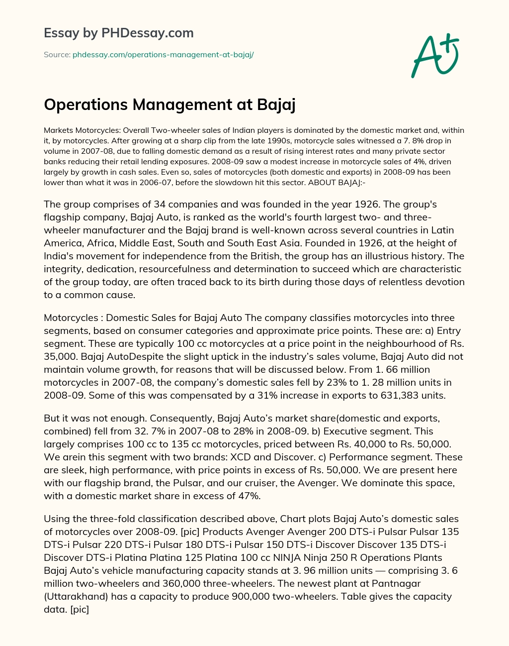 Operations Management at Bajaj essay