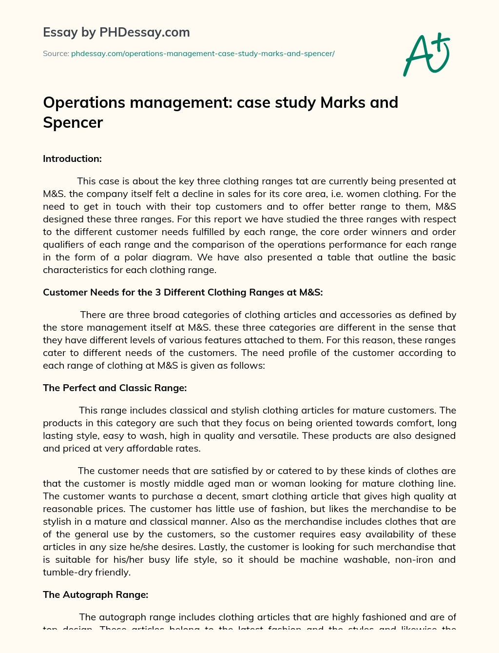 Operations Management: Case Study Marks and Spencer essay