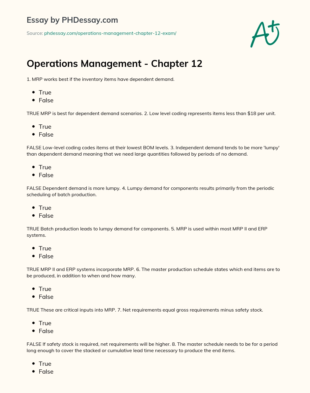Operations Management – Chapter 12 essay