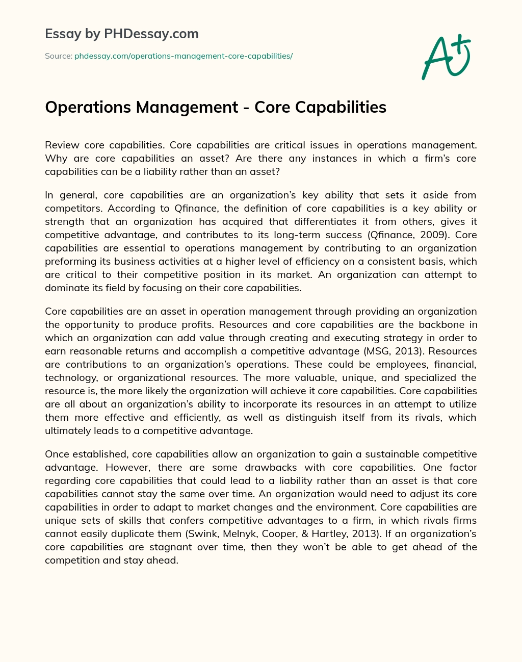 Operations Management – Core Capabilities essay