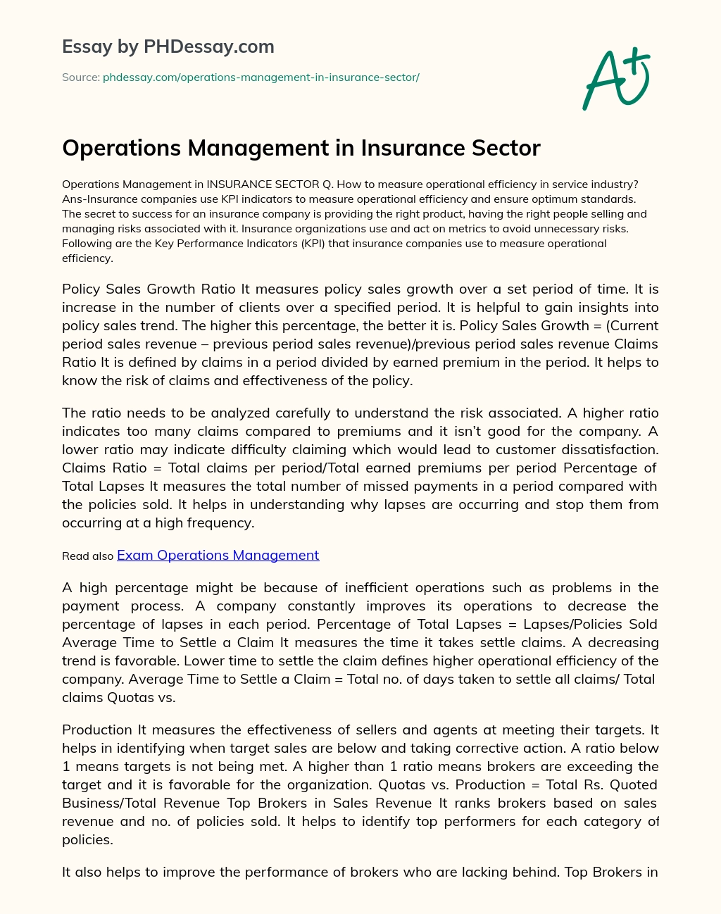 Operations Management in Insurance Sector essay