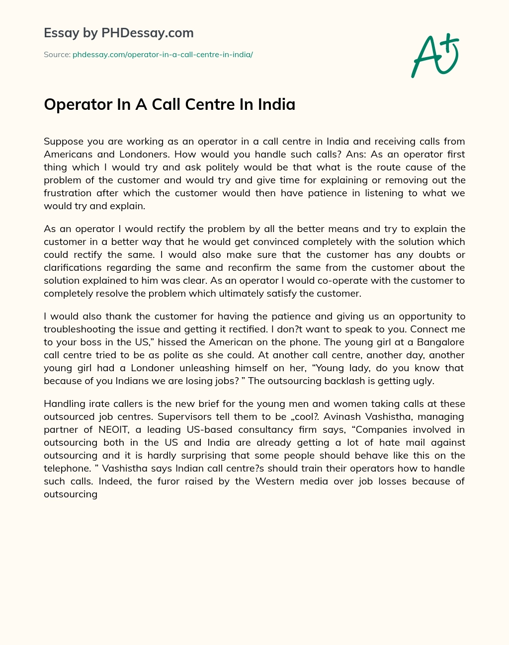 Operator In A Call Centre In India essay