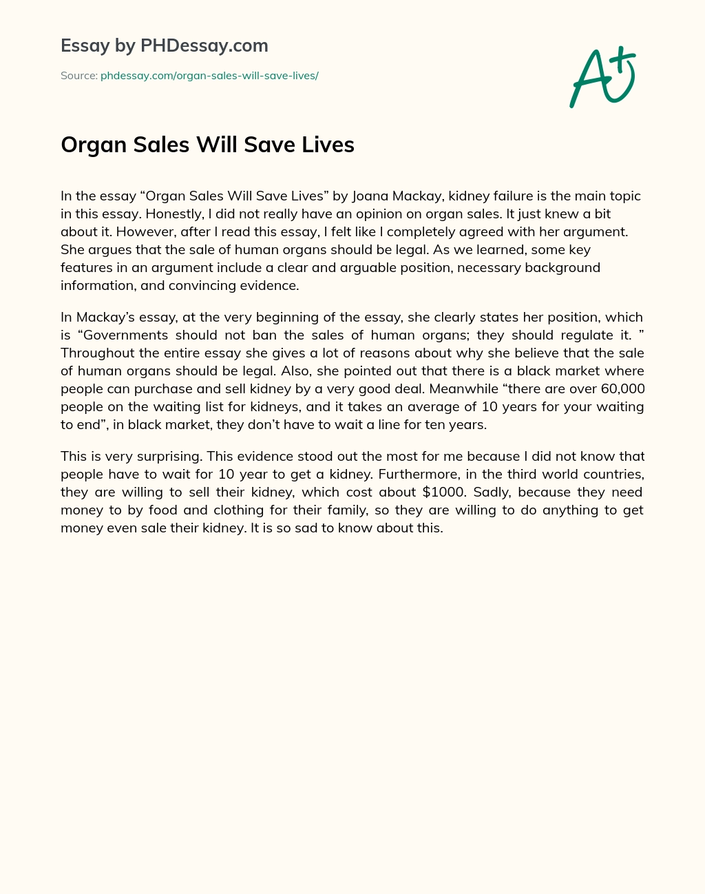 Organ Sales Will Save Lives essay