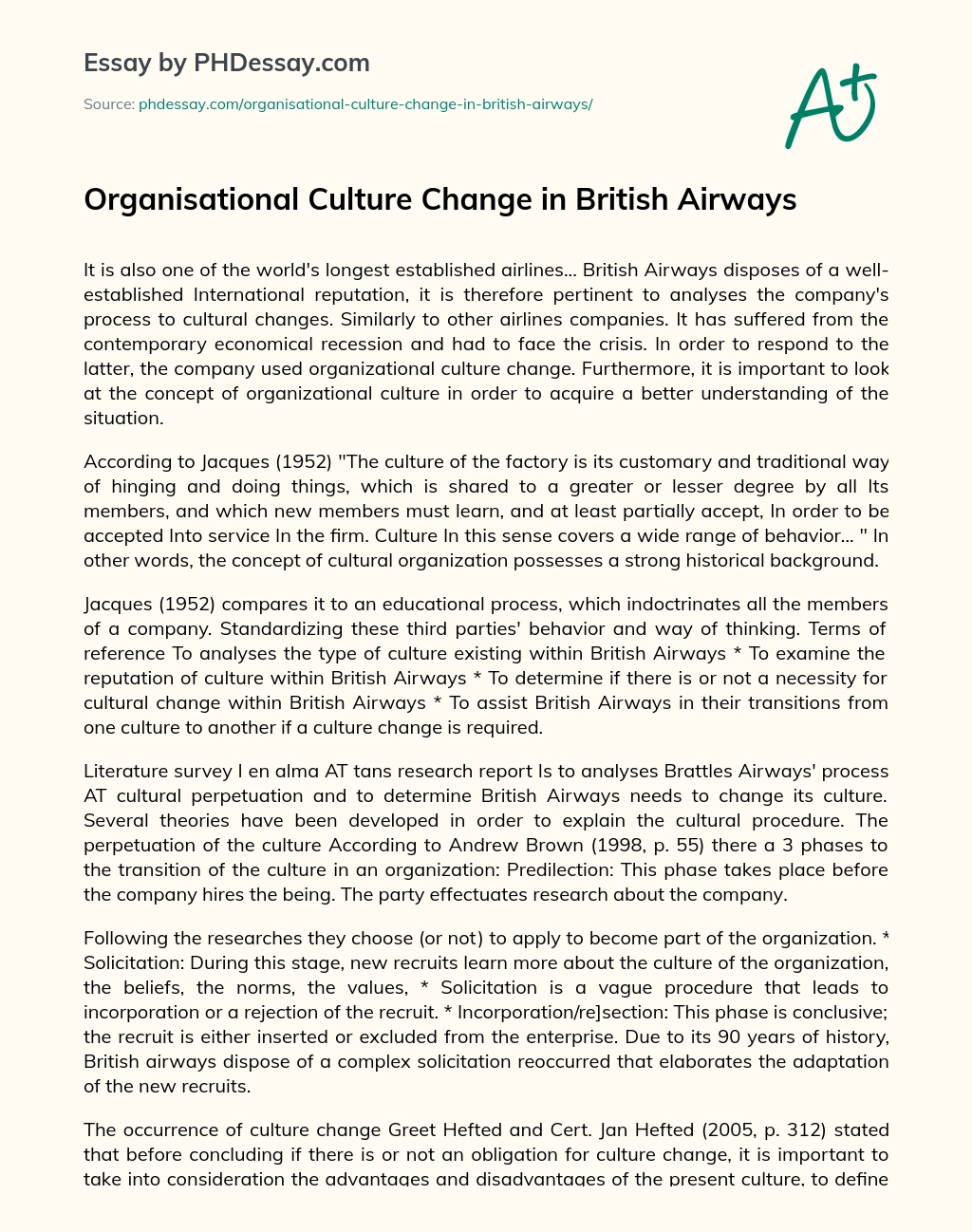 Organisational Culture Change in British Airways essay