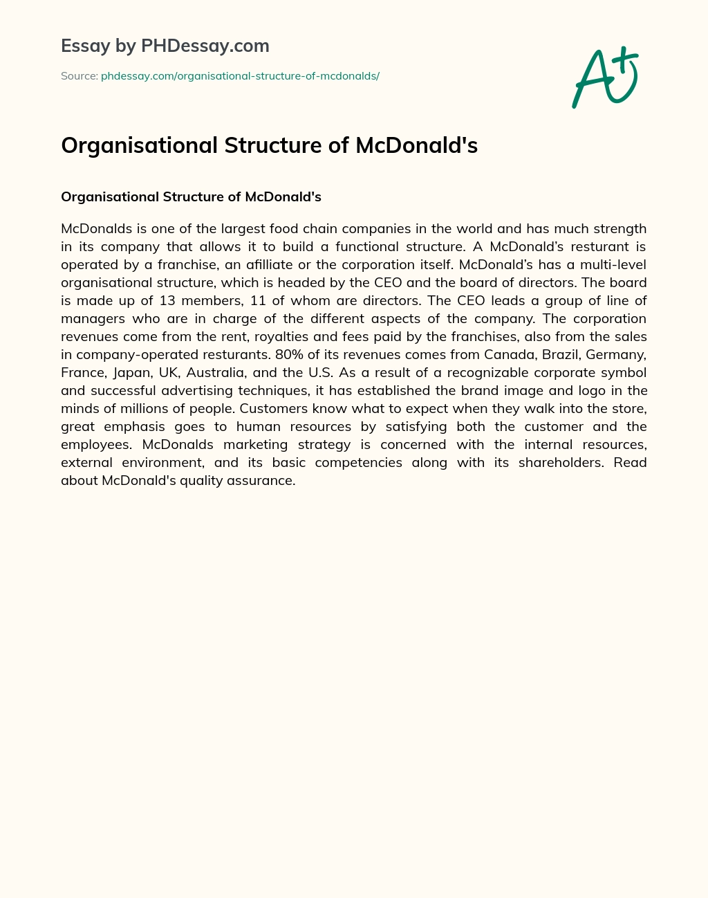 Organisational Structure of McDonald’s essay