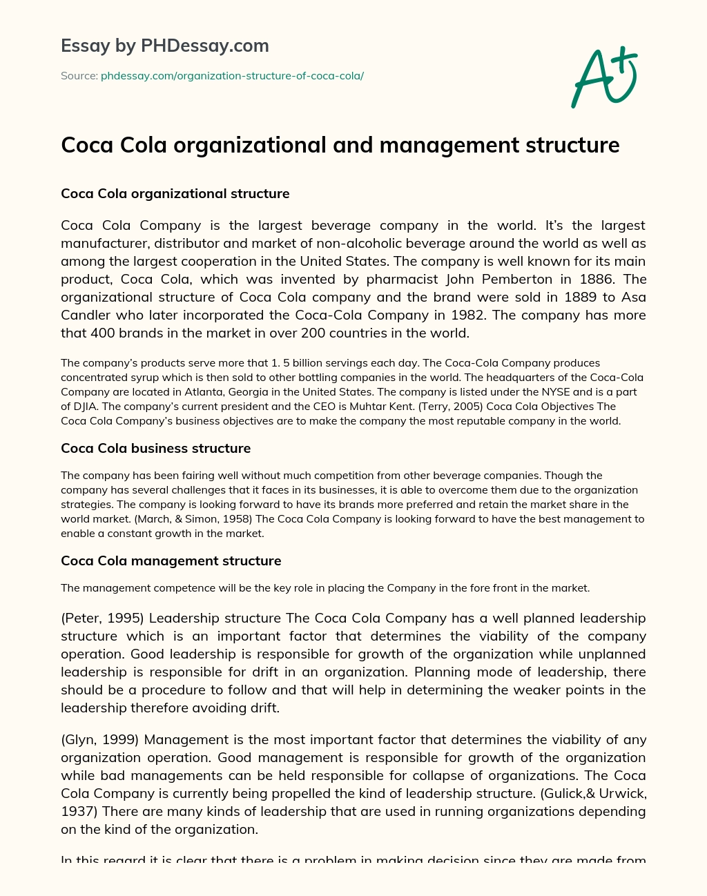 Coca Cola organizational and management structure essay
