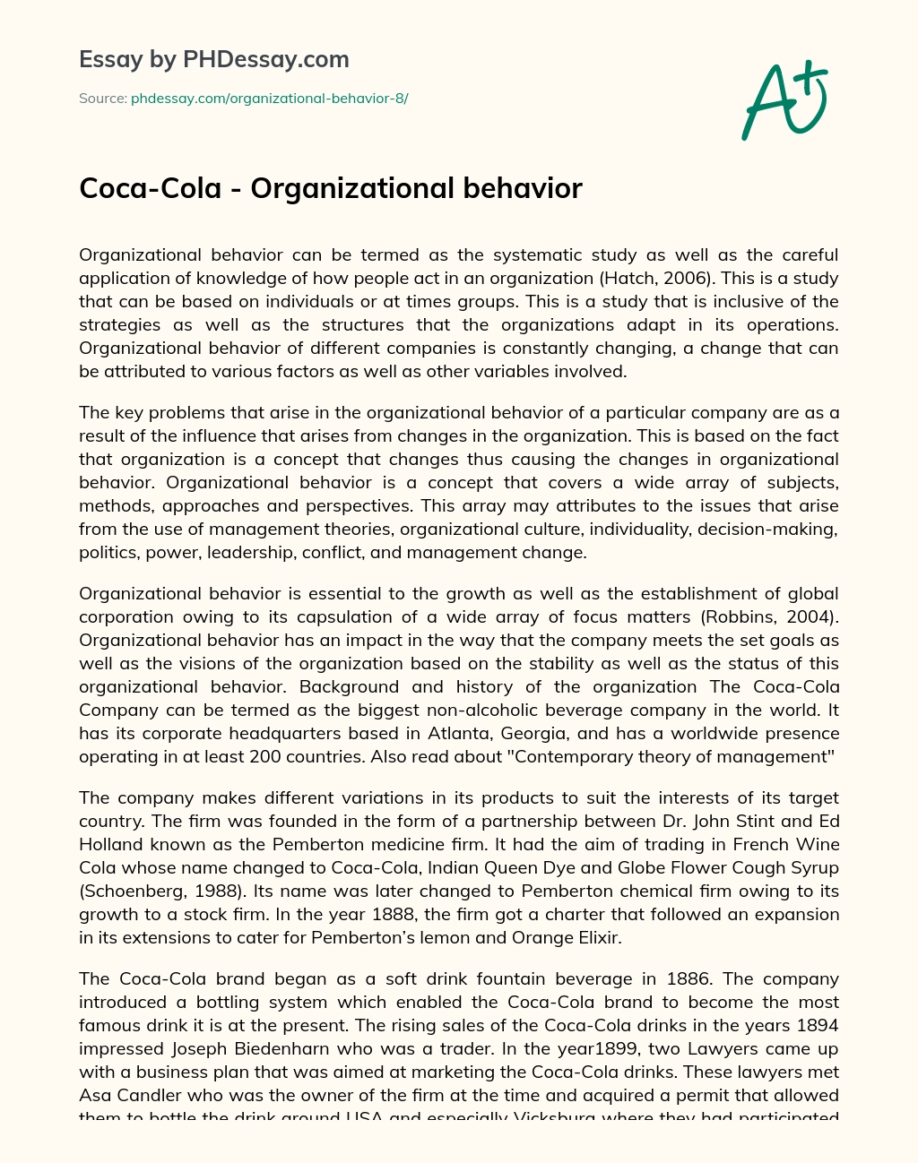 Coca-Cola – Organizational behavior essay