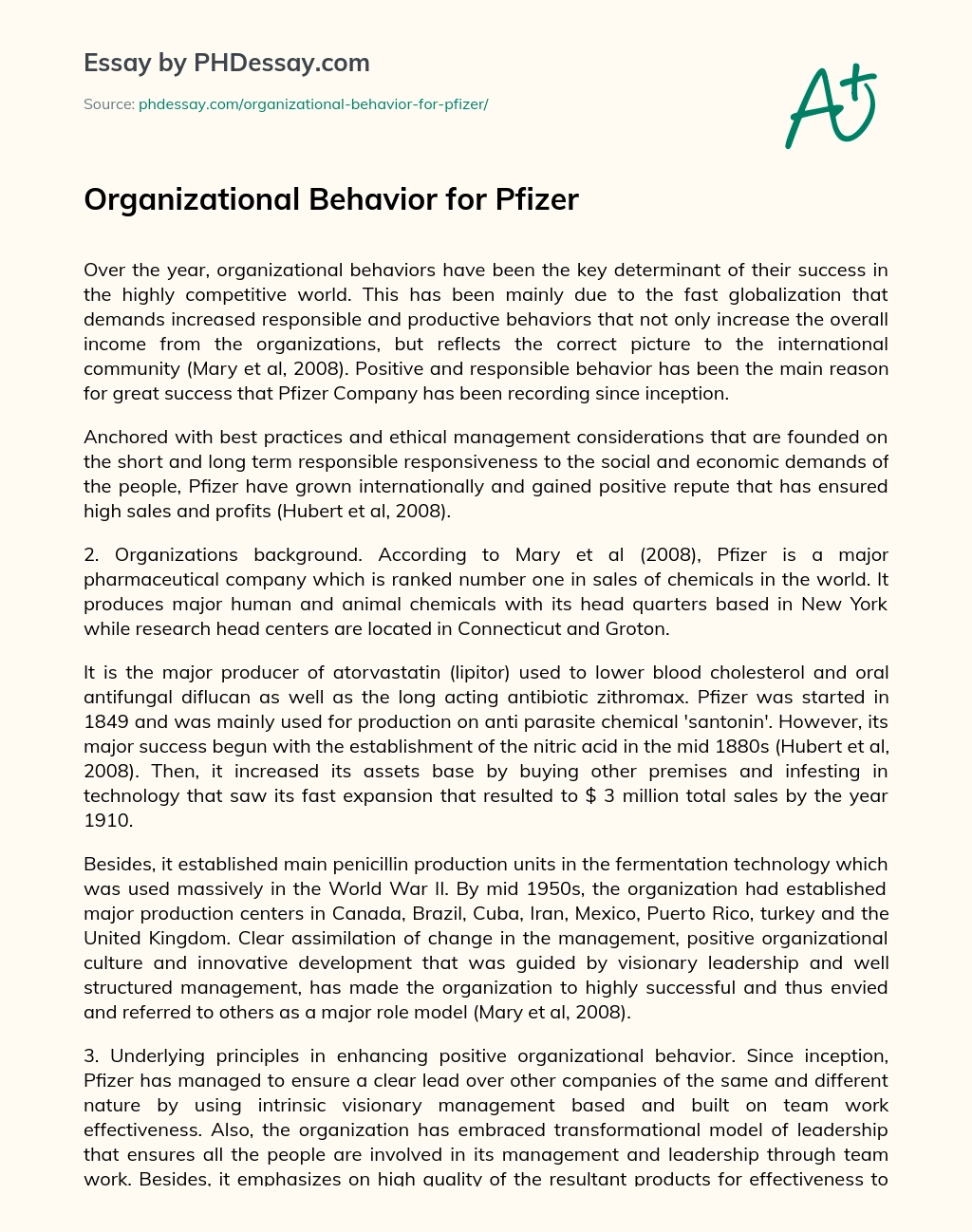 Organizational Behavior for Pfizer essay