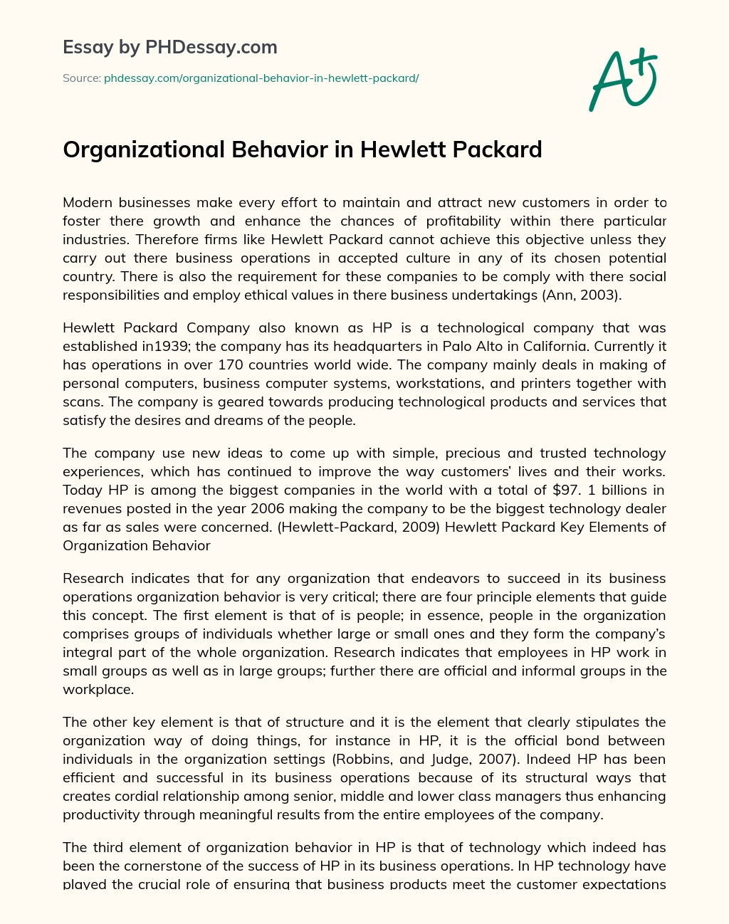Organizational Behavior in Hewlett Packard essay