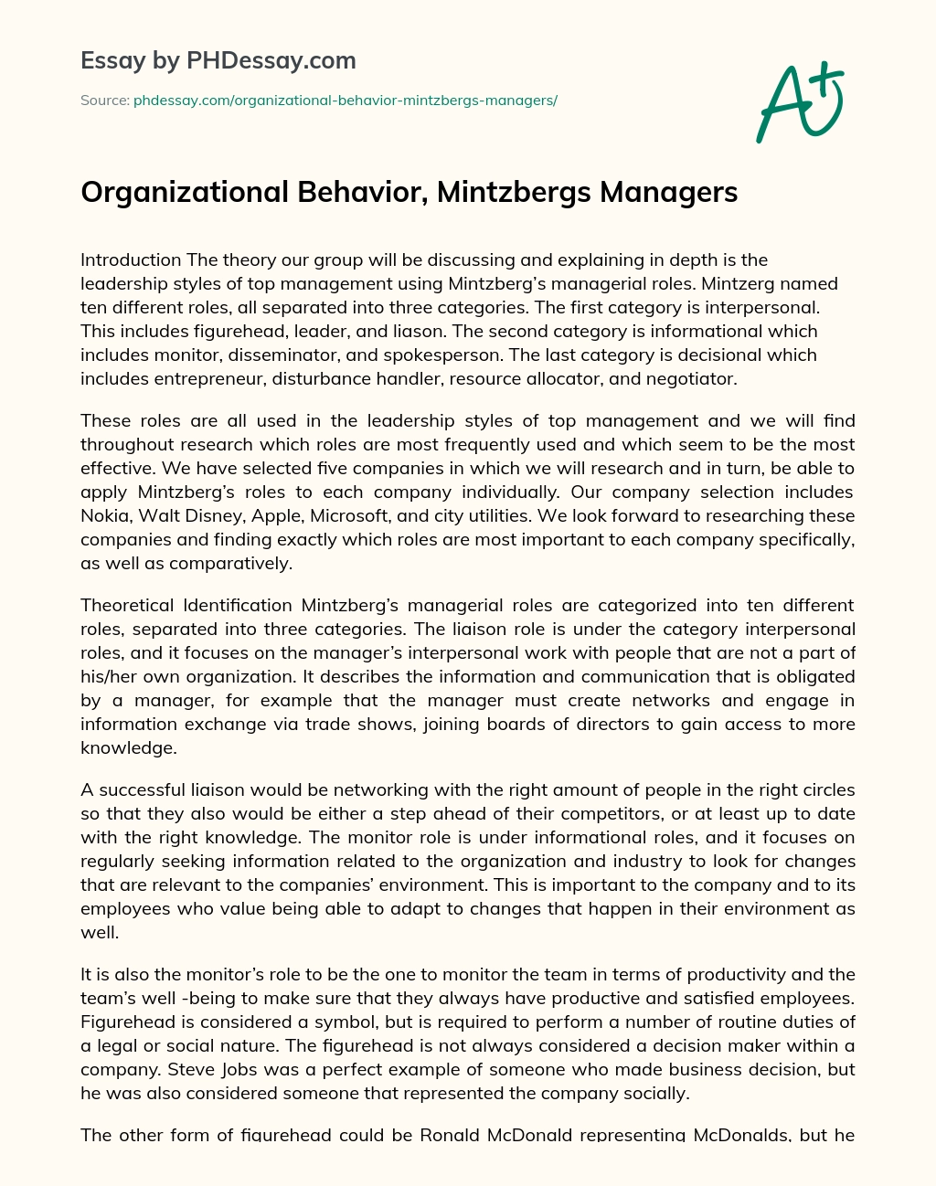 Organizational Behavior, Mintzbergs Managers essay