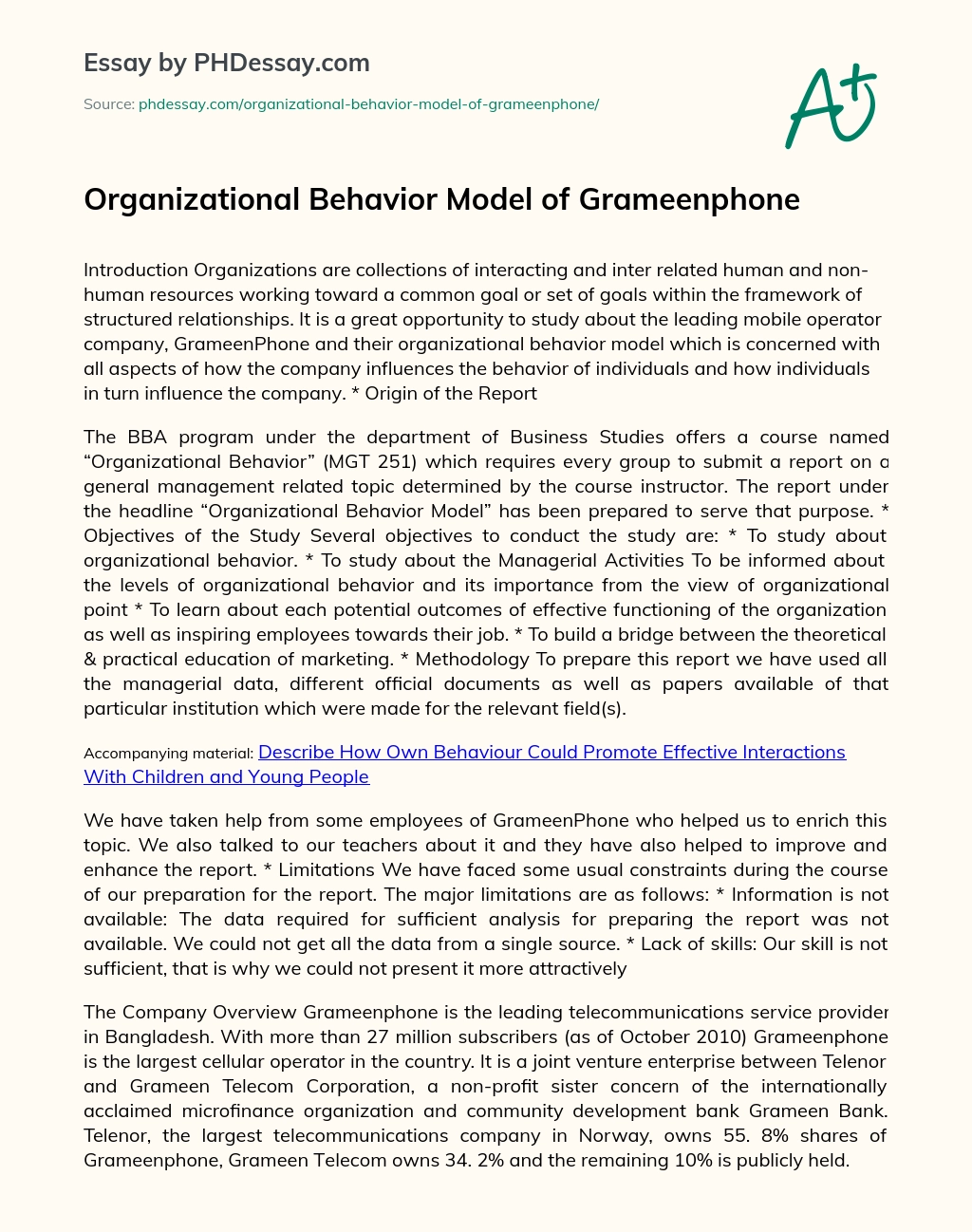Organizational Behavior Model of Grameenphone essay