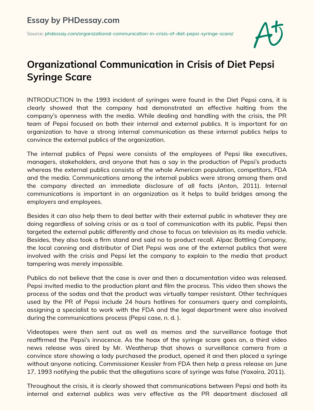 Organizational Communication in Crisis of Diet Pepsi Syringe Scare essay
