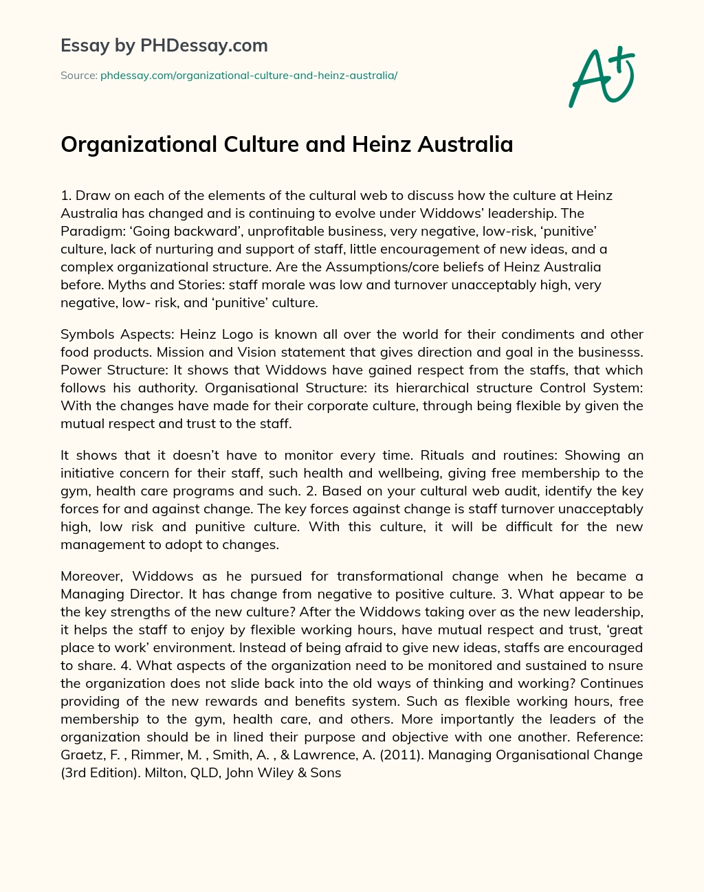 Organizational Culture and Heinz Australia essay
