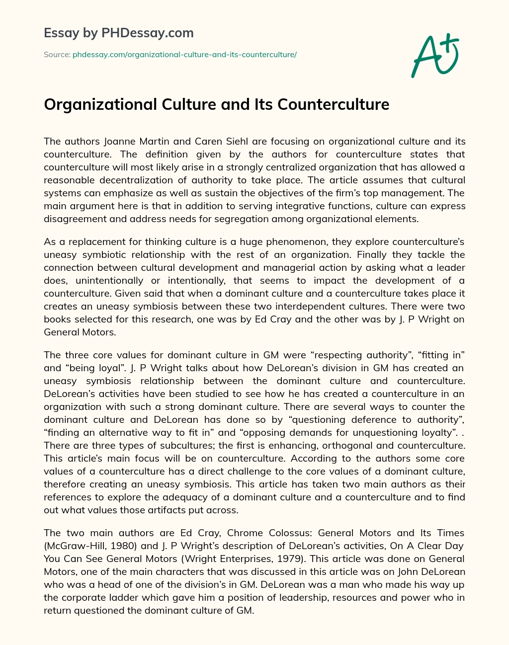 Organizational Culture and Its Counterculture essay