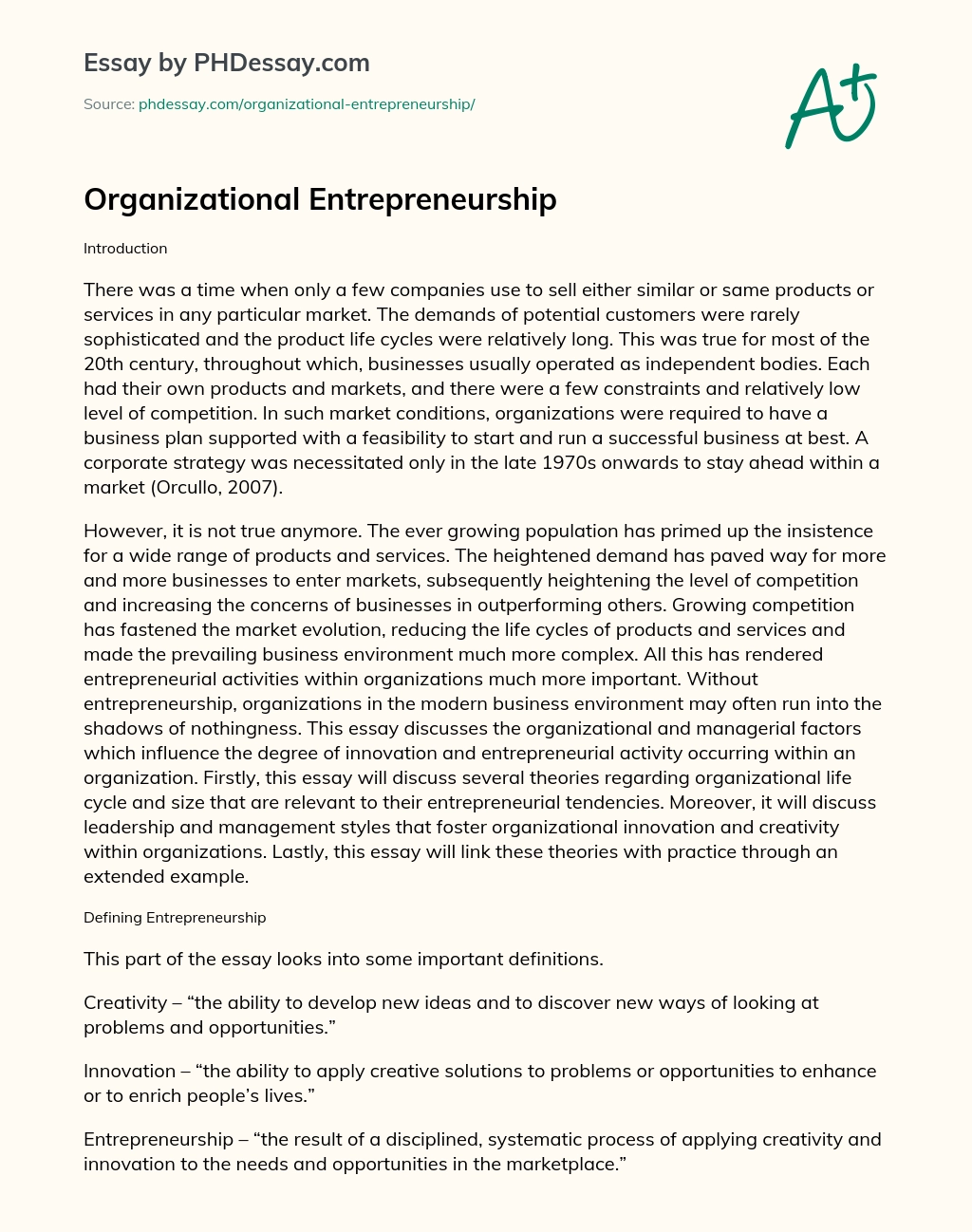Organizational Entrepreneurship essay