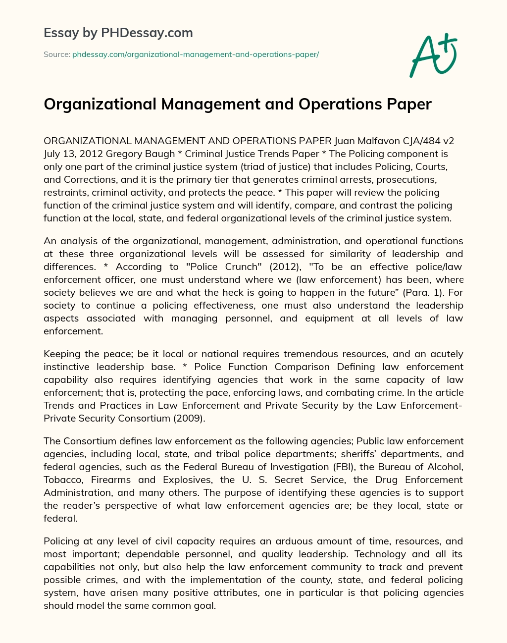 Organizational Management and Operations Paper essay