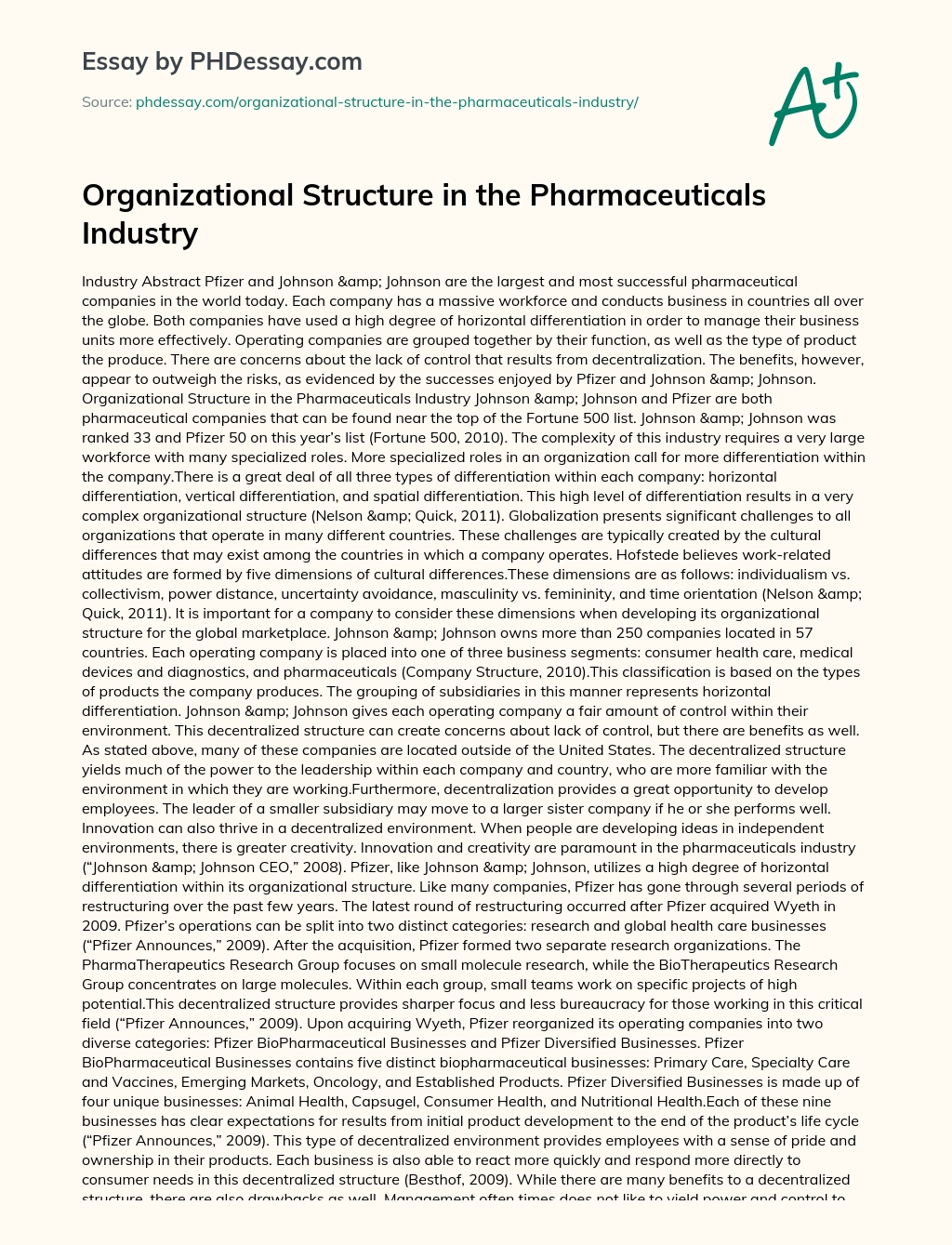 Organizational Structure in the Pharmaceuticals Industry essay