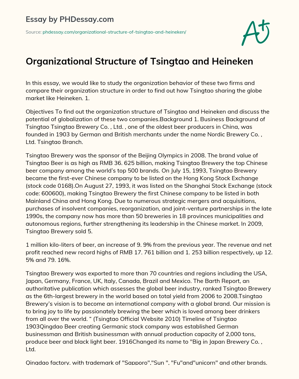 Organizational Structure of Tsingtao and Heineken essay