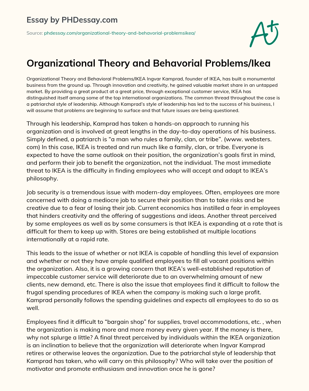 Organizational Theory and Behavorial Problems/Ikea essay