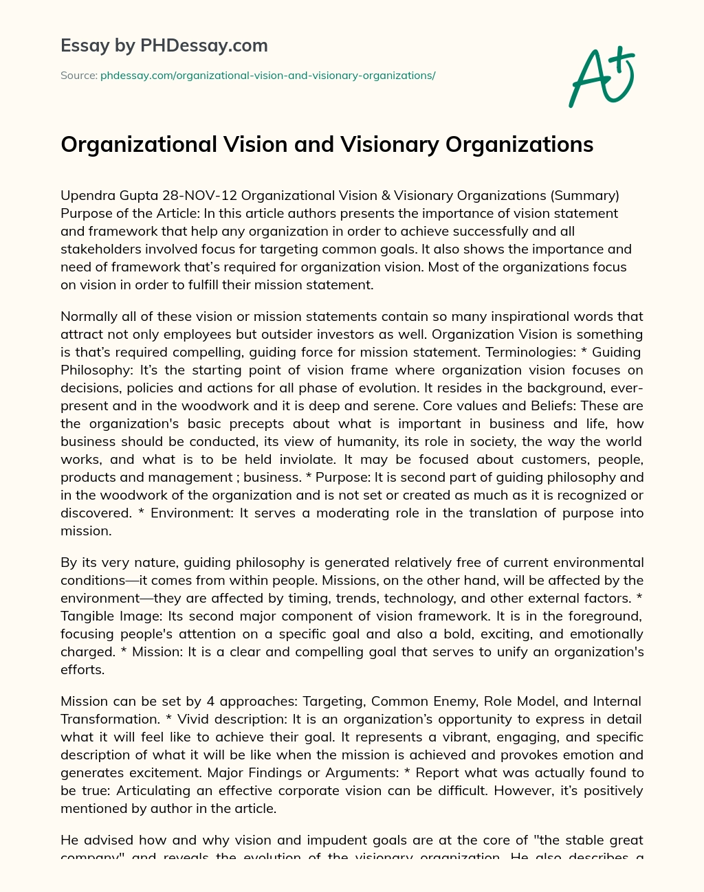 Organizational Vision and Visionary Organizations essay