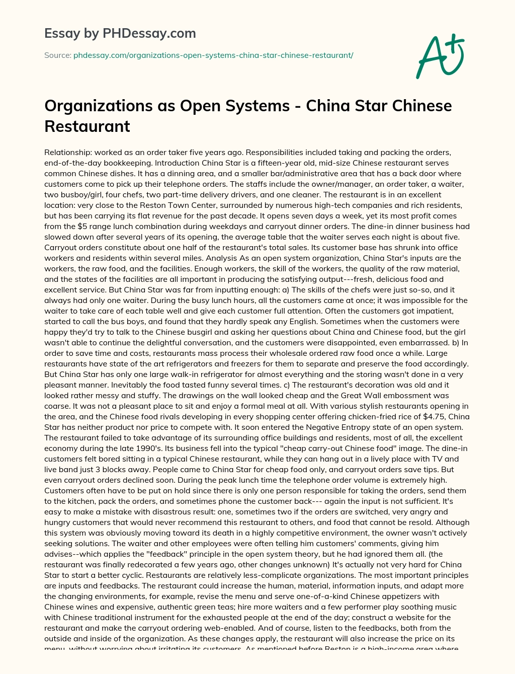 Organizations as Open Systems – China Star Chinese Restaurant essay