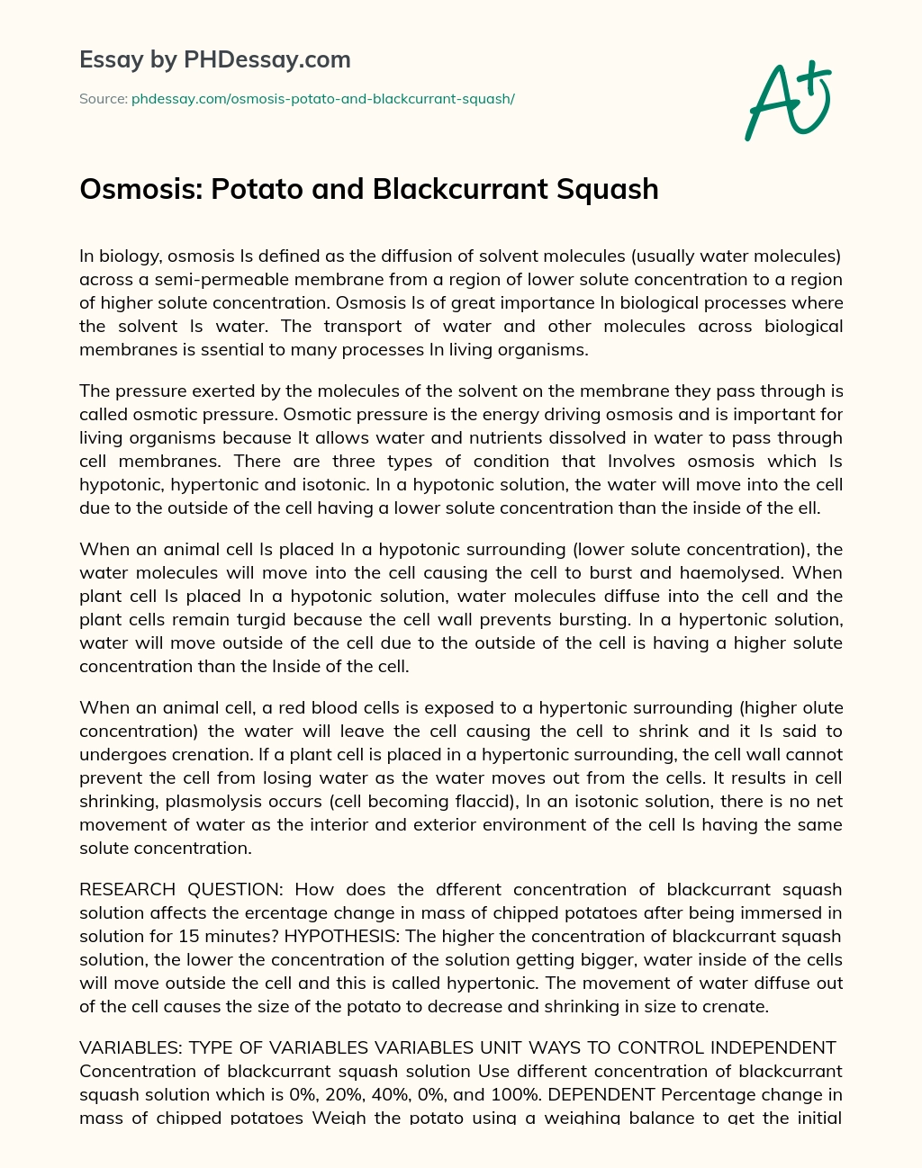 Osmosis: Potato and Blackcurrant Squash essay