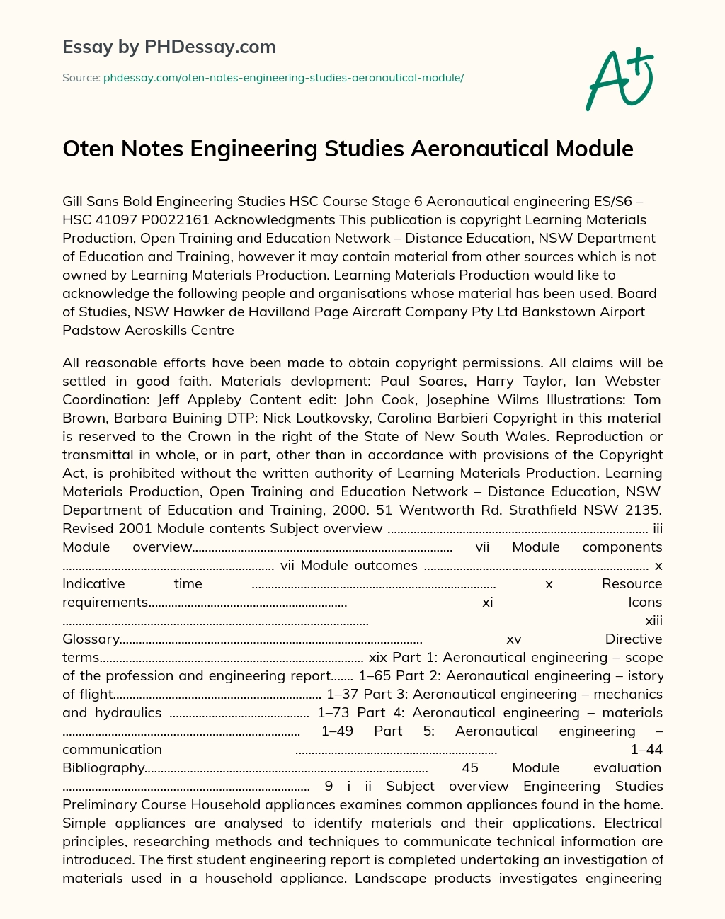 Oten Notes Engineering Studies Aeronautical Module essay