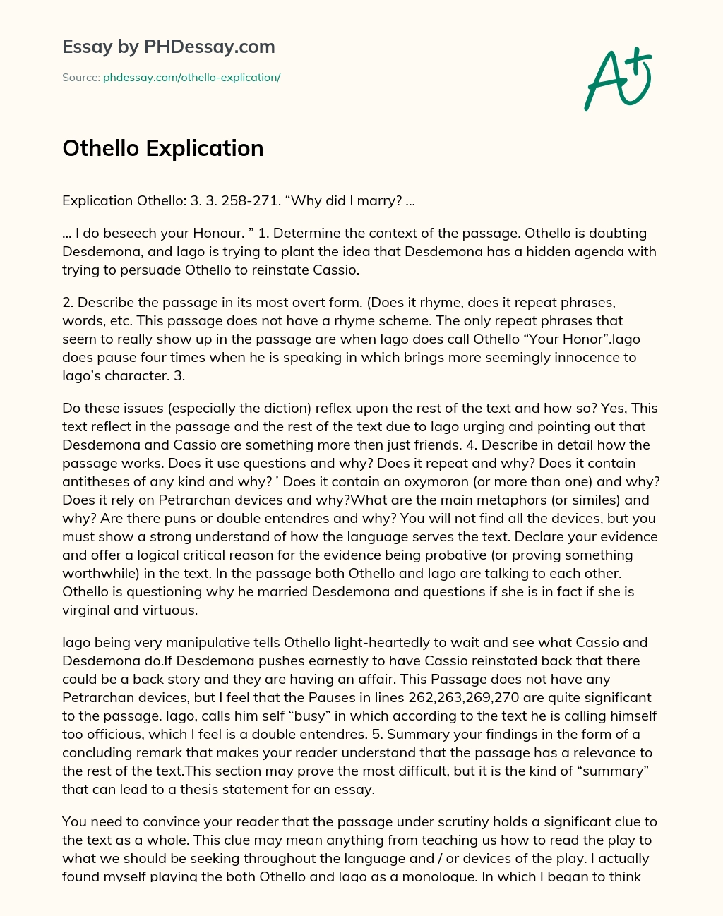 Othello Explication essay