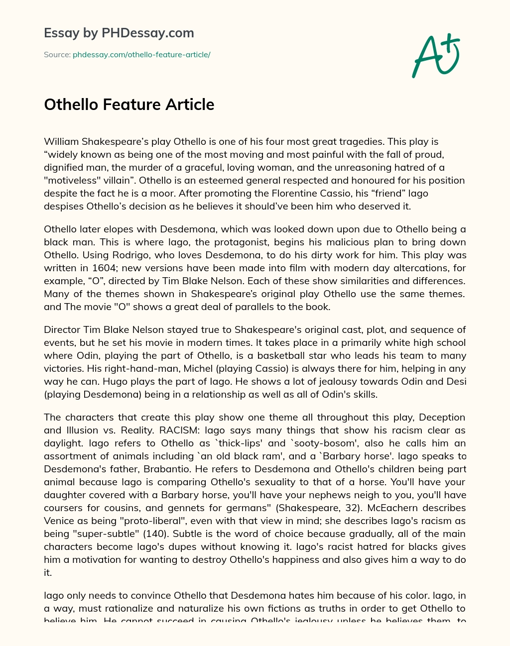 Othello Feature Article essay