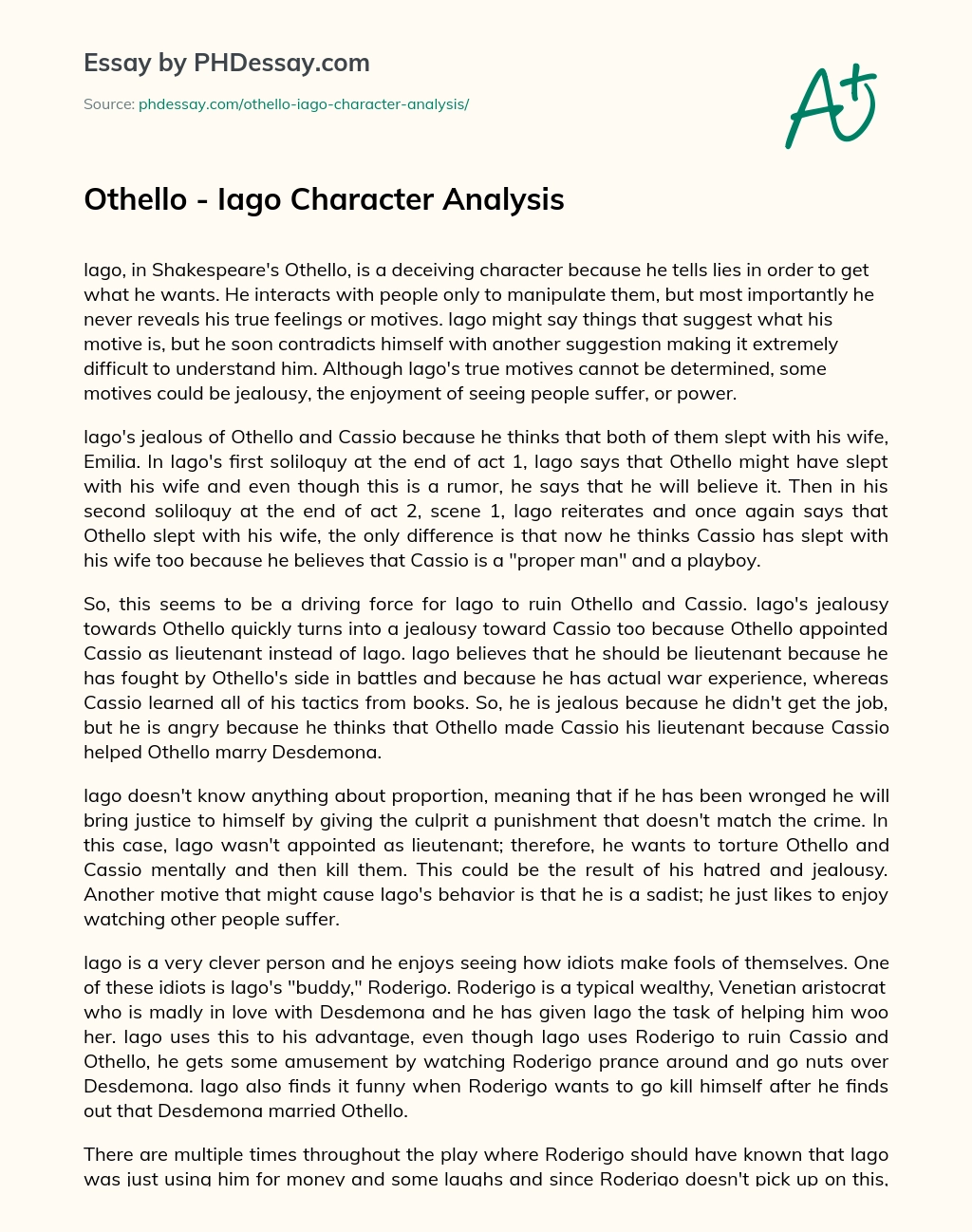 Othello – Iago Character Analysis essay