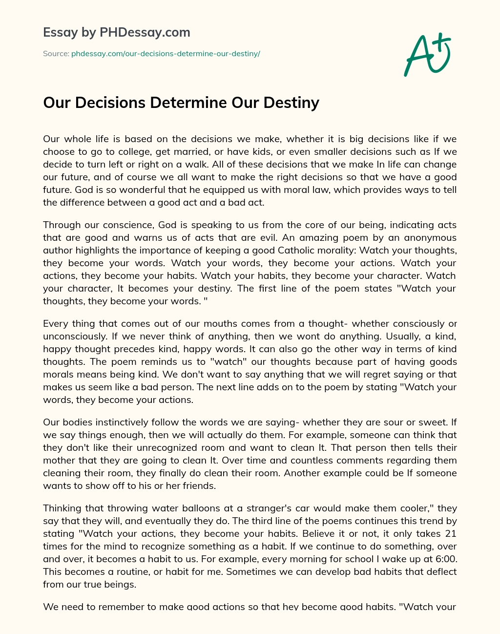 Our Decisions Determine Our Destiny essay