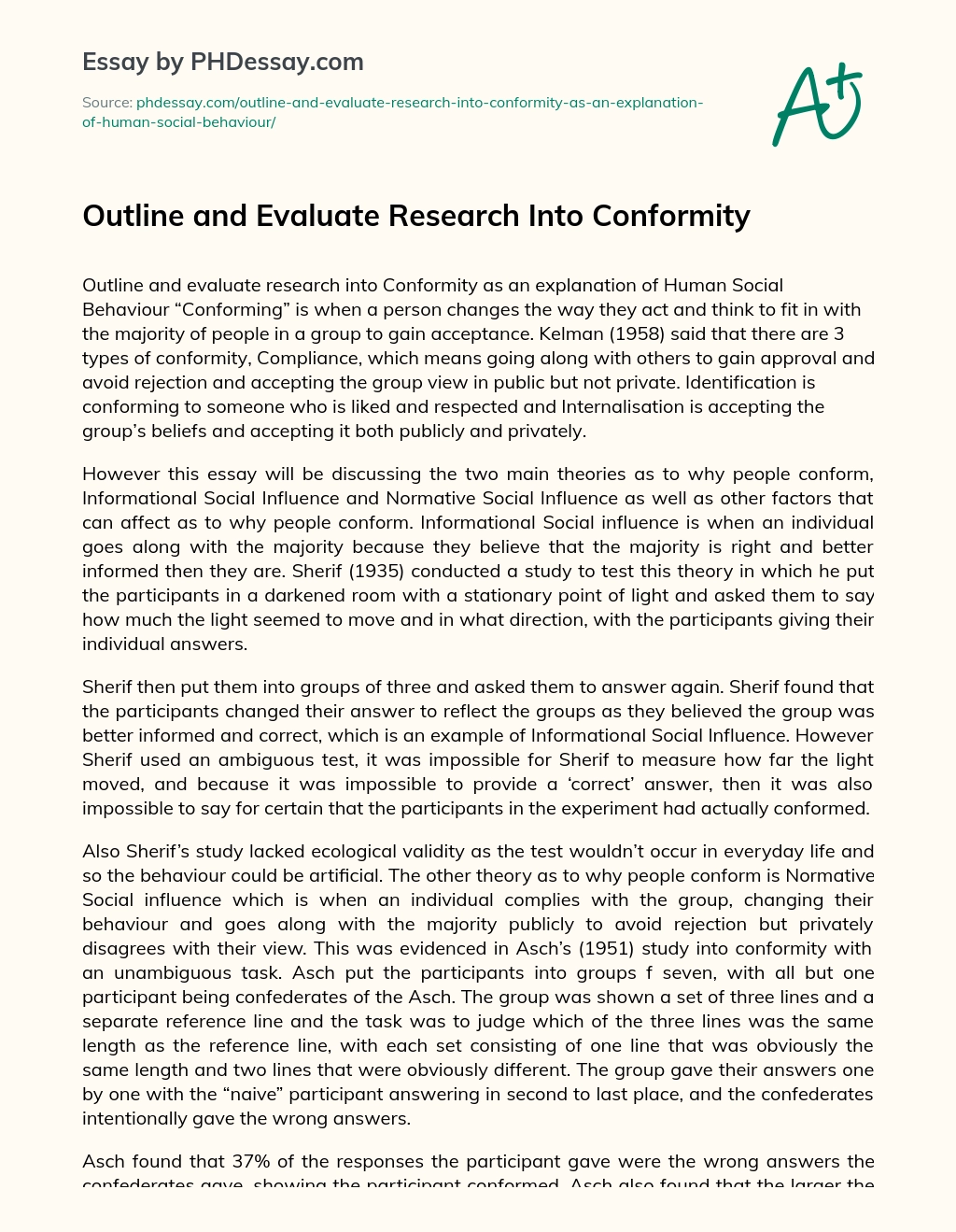 Outline and Evaluate Research Into Conformity essay
