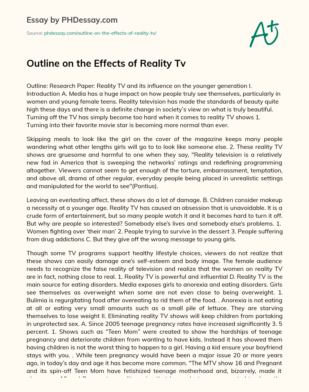 Outline on the Effects of Reality Tv essay