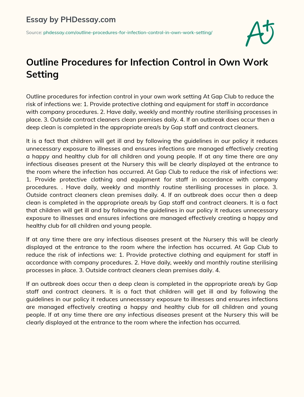 Outline Procedures for Infection Control in Own Work Setting essay