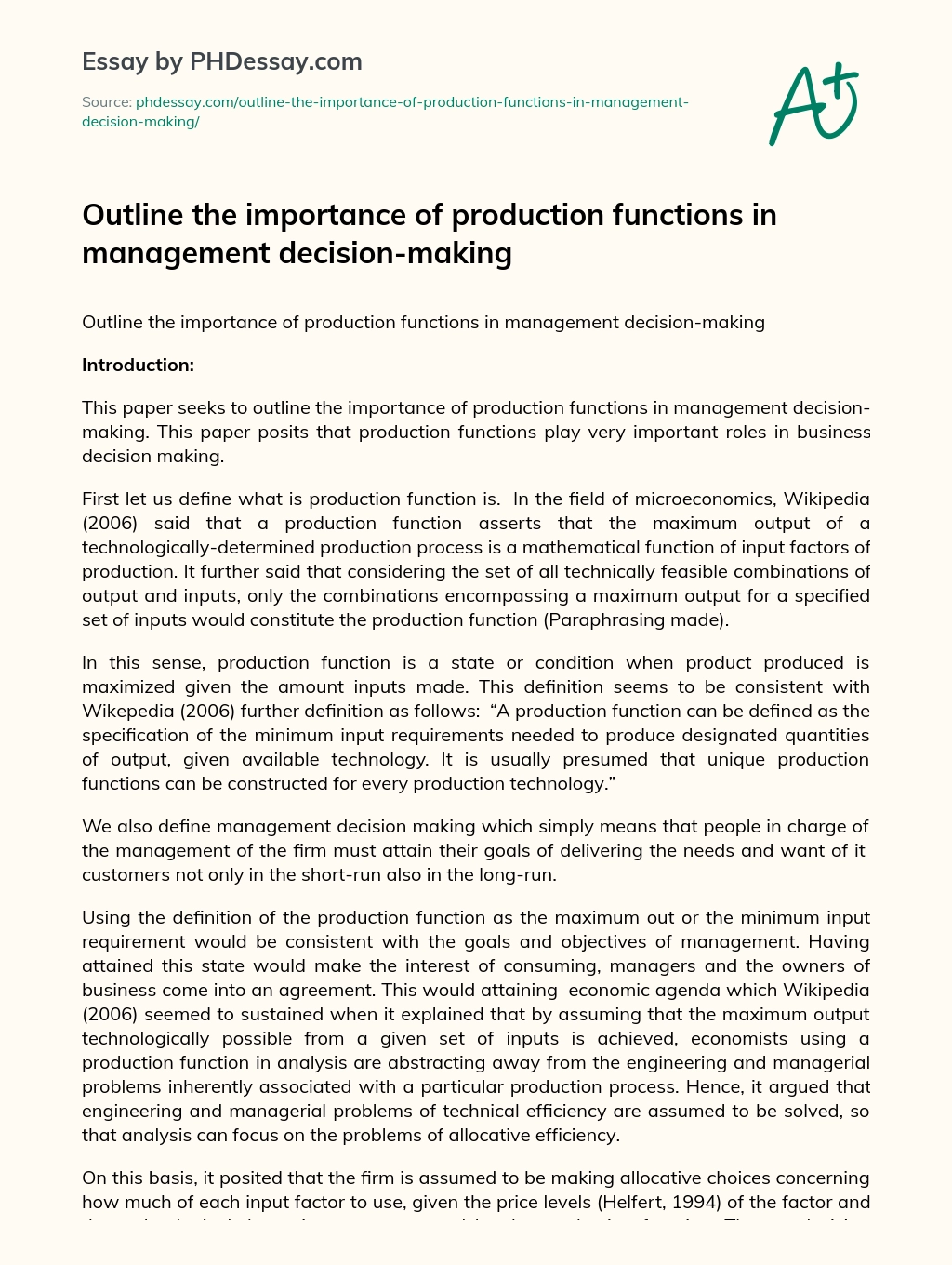 Outline the importance of production functions in management decision-making essay