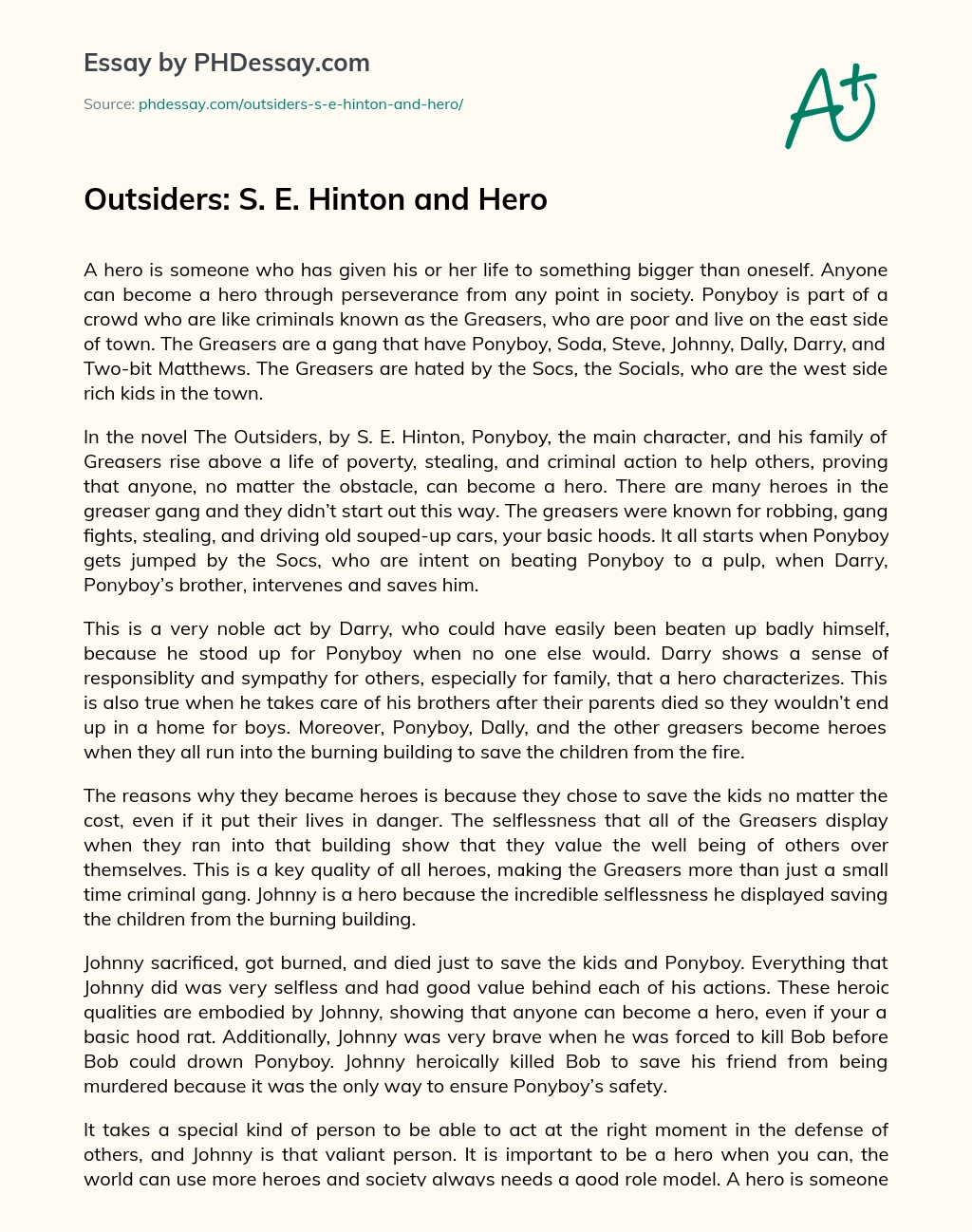 Outsiders: S. E. Hinton and Hero essay