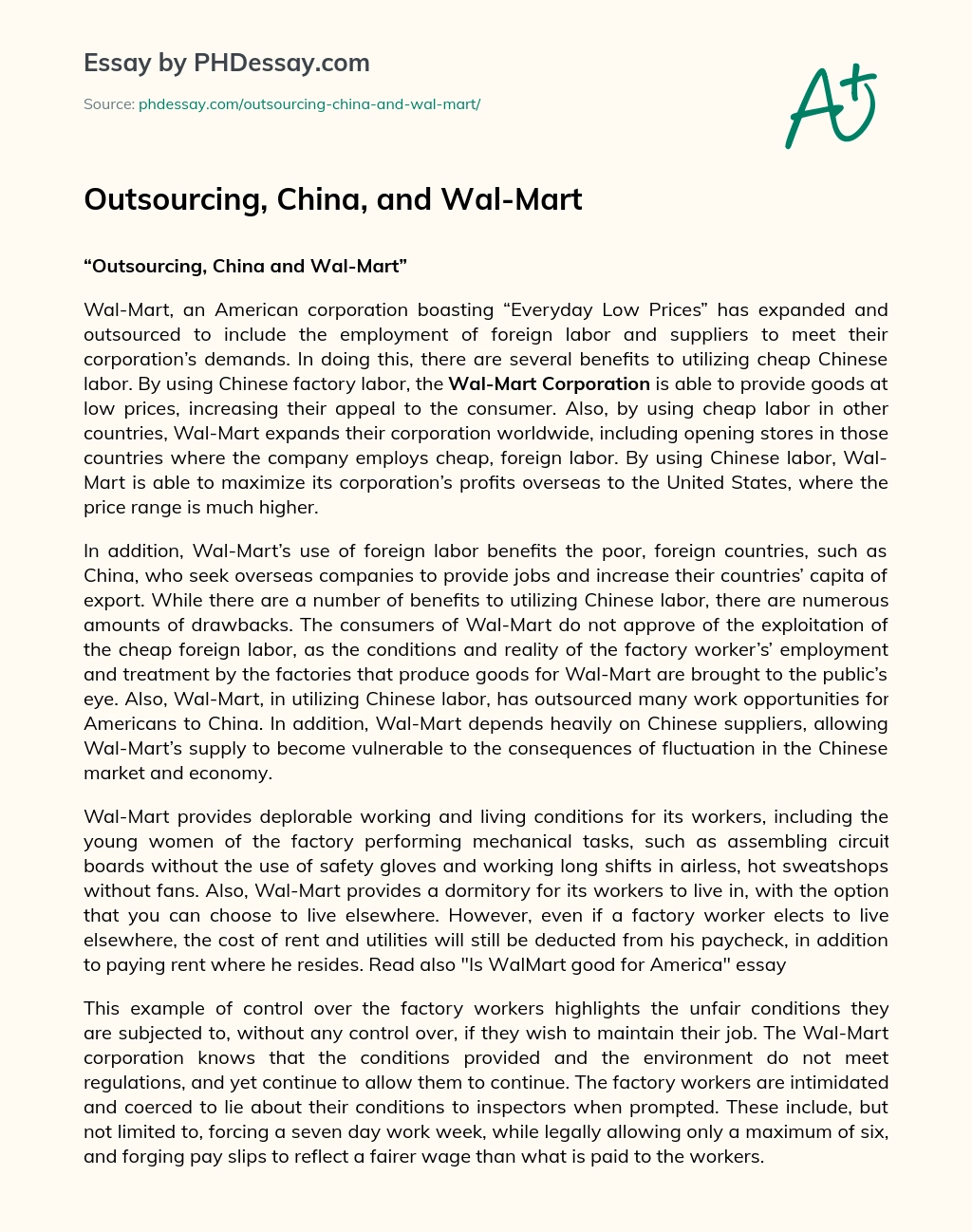 Outsourcing, China, and Wal-Mart essay