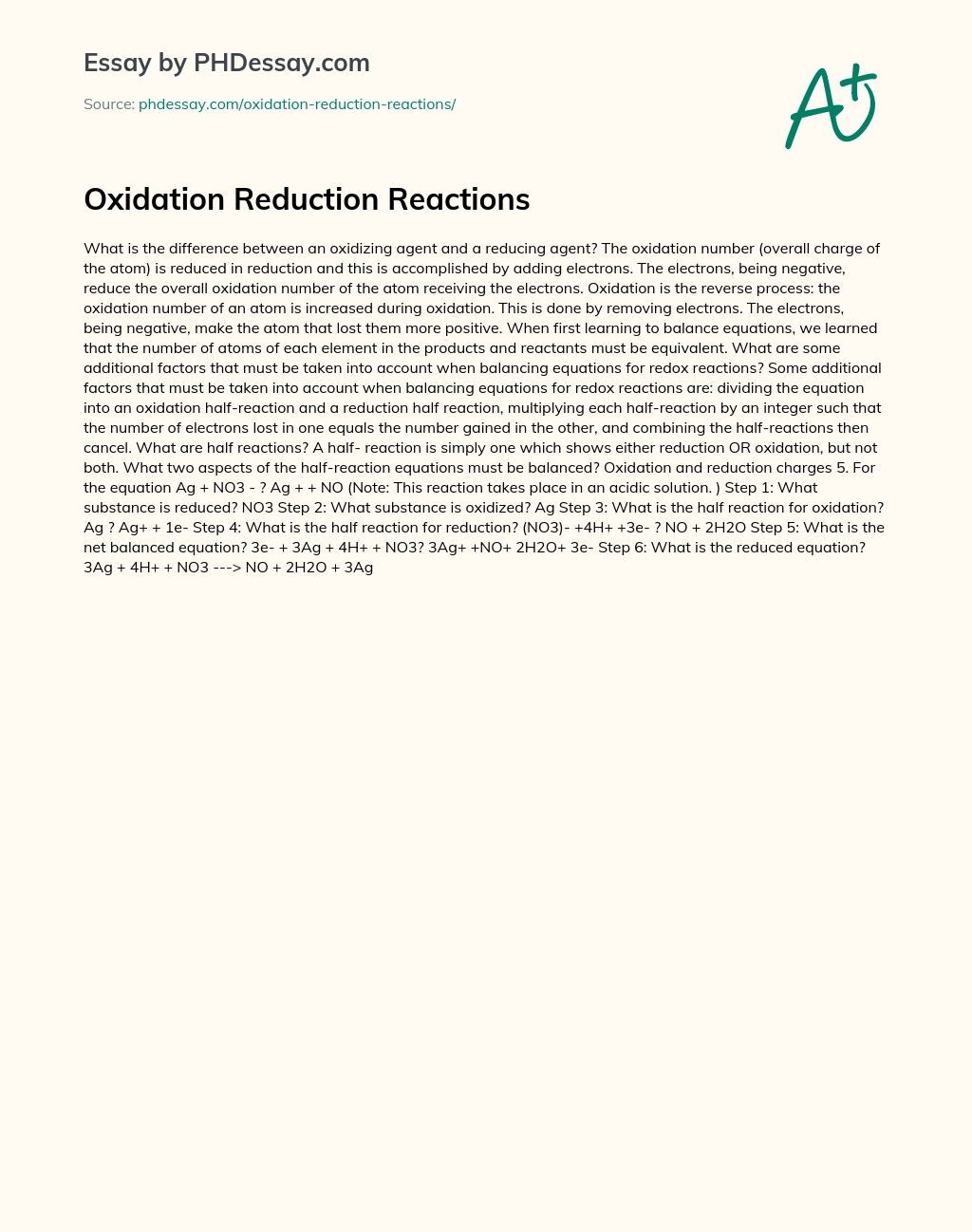 Oxidation Reduction Reactions essay