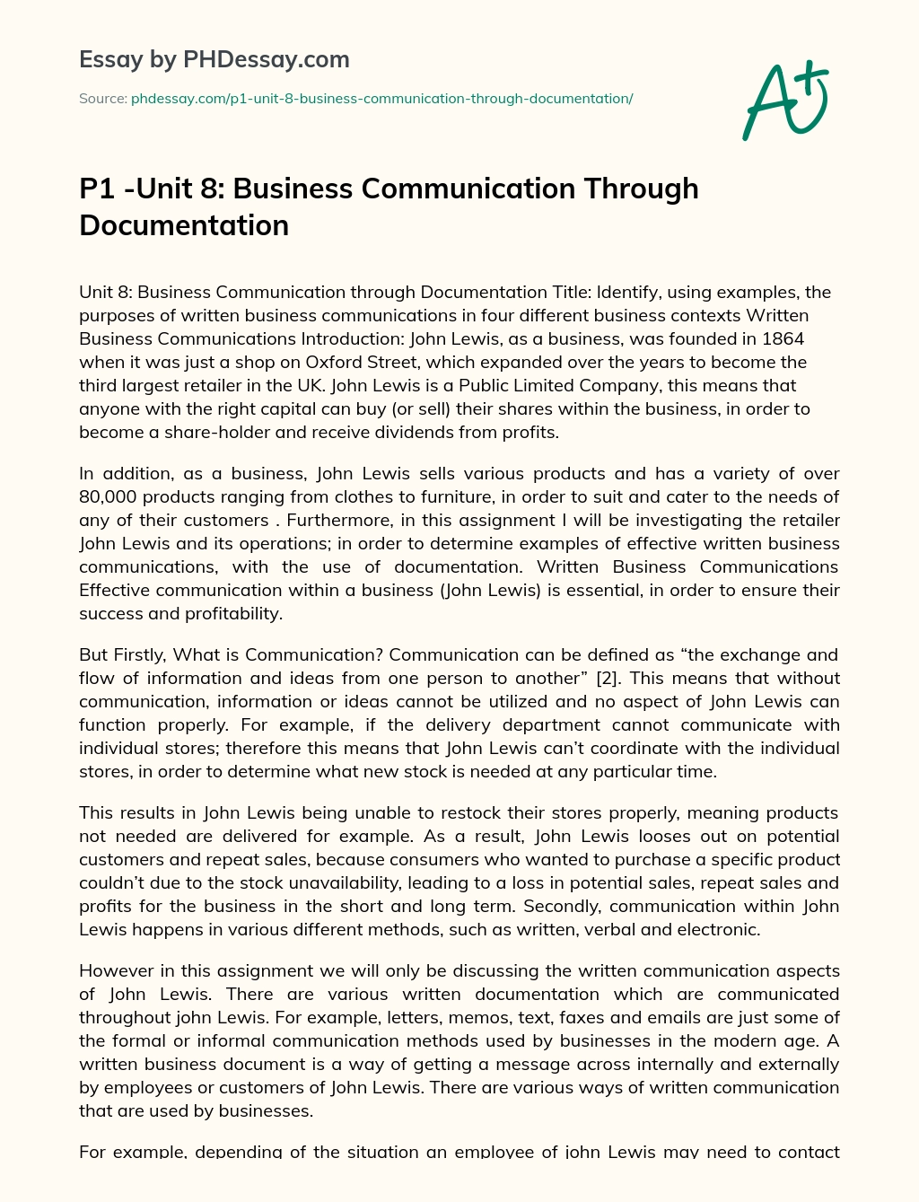 P1 -Unit 8: Business Communication Through Documentation essay