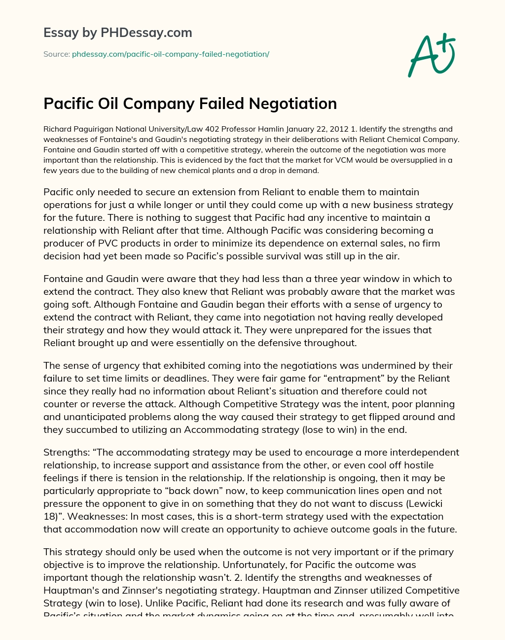 Pacific Oil Company Failed Negotiation essay