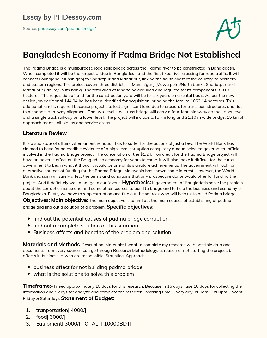 Bangladesh Economy if Padma Bridge Not Established essay