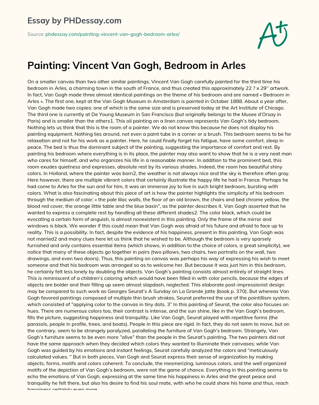 Painting: Vincent Van Gogh, Bedroom in Arles essay