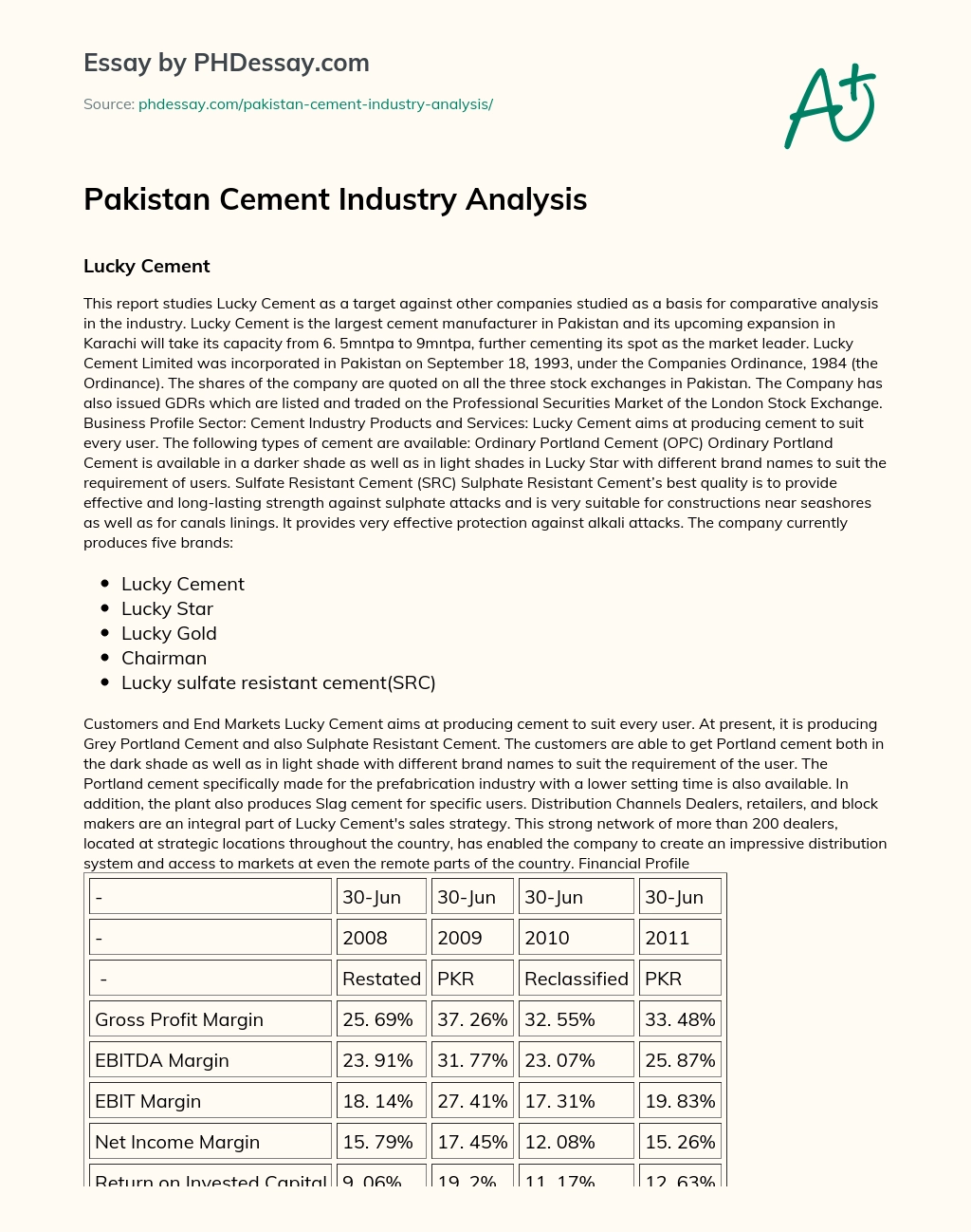 Pakistan Cement Industry Analysis essay