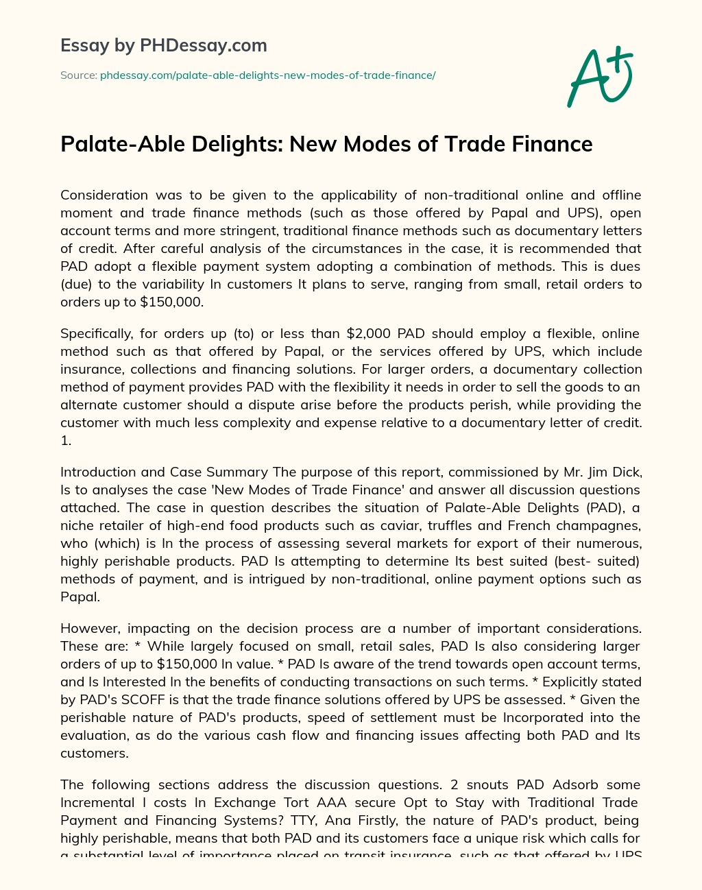 Palate-Able Delights: New Modes of Trade Finance essay