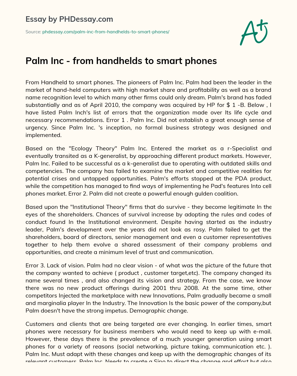 Palm  Inc – from handhelds to smart phones essay
